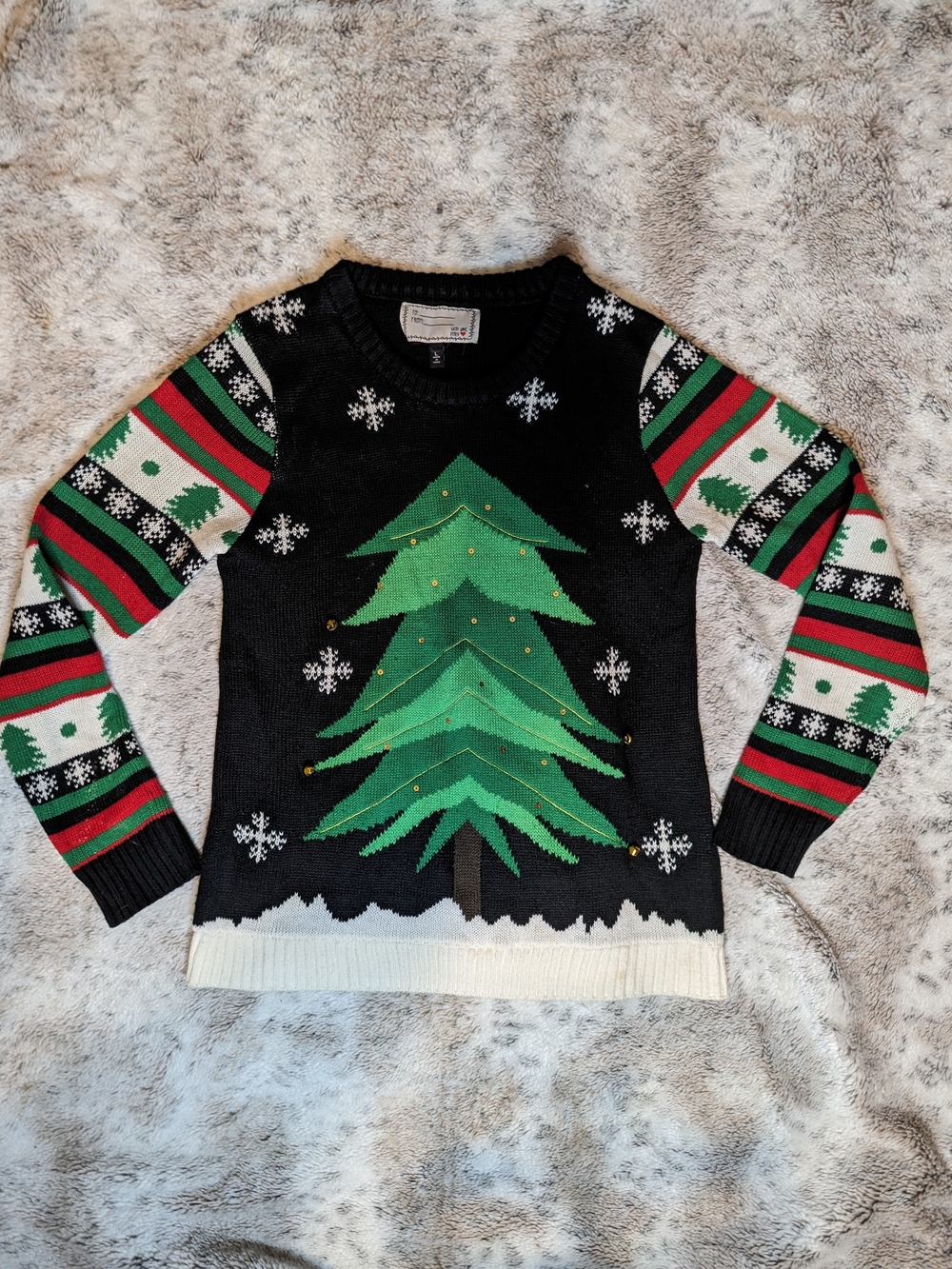 Festive Holiday Christmas Tree Sweater 3D Gold Jingle Bells Size Large